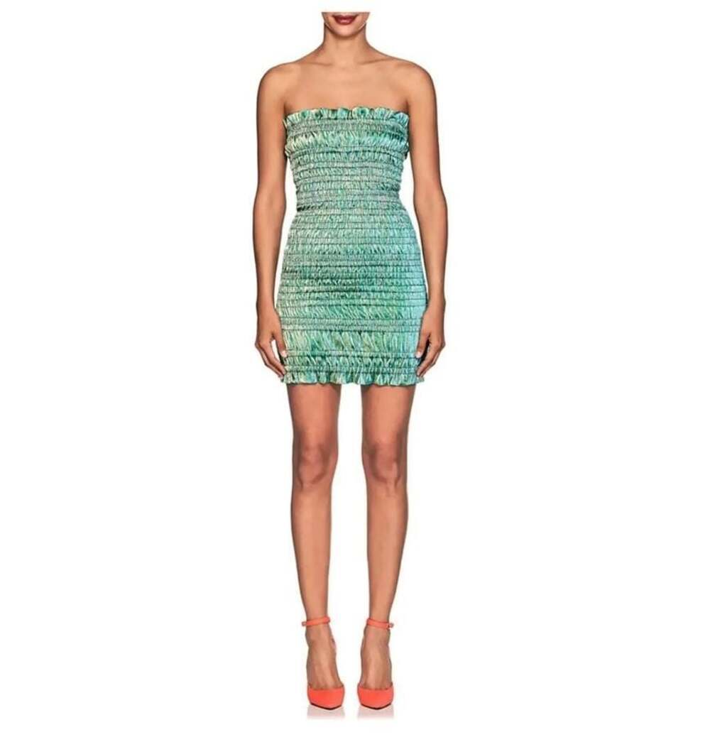 AREA Emily Smocked Cotton-Blend Lamé Strapless Mini Dress
